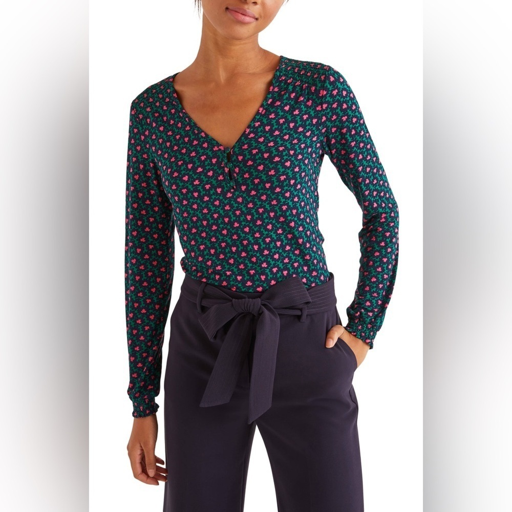 Boden Flora Jersey Top Green Navy Pink Floral Long Sleeve‎